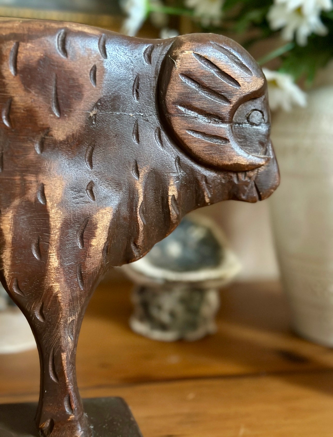 Carved Wood Primitive Bull Statue