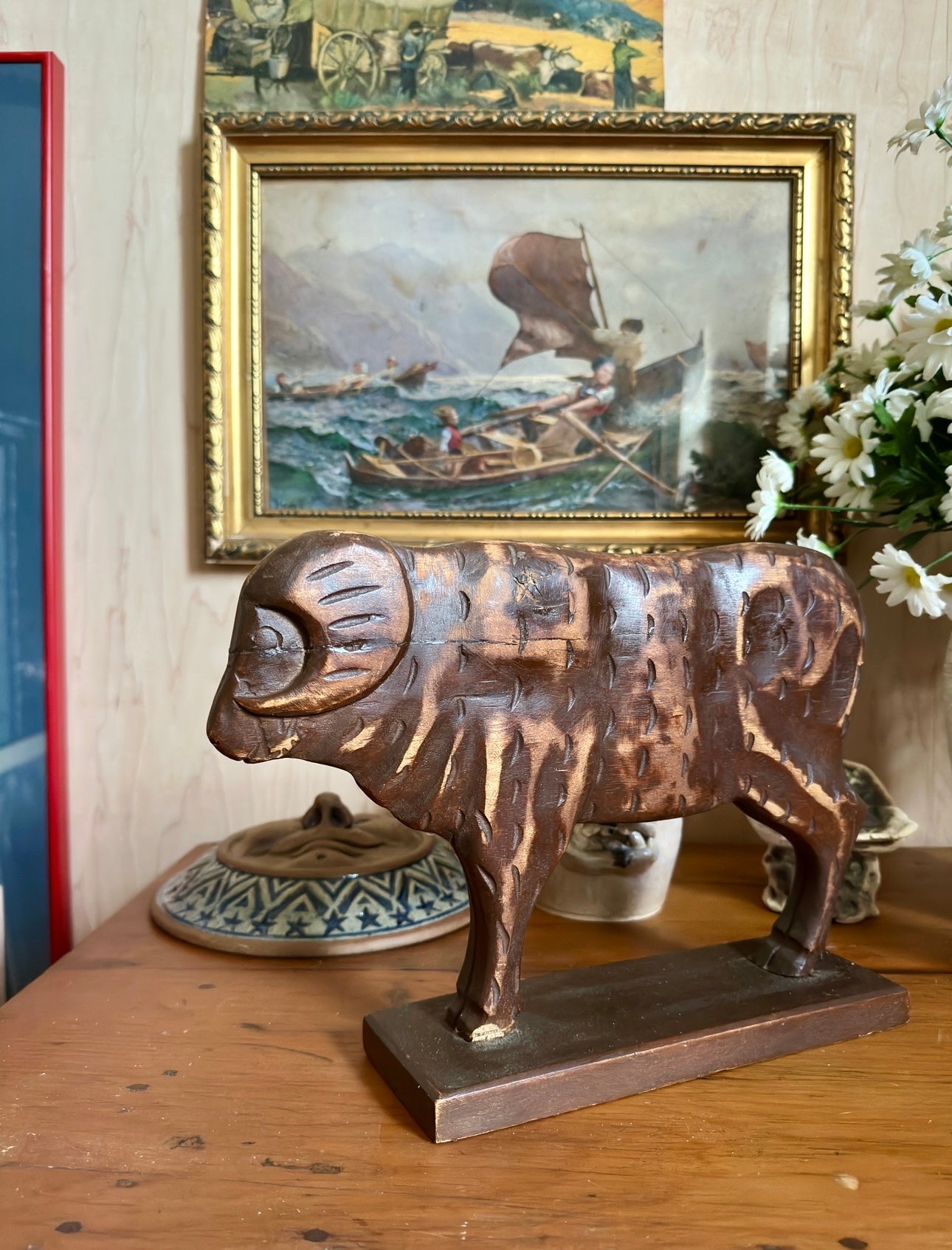 Carved Wood Primitive Bull Statue