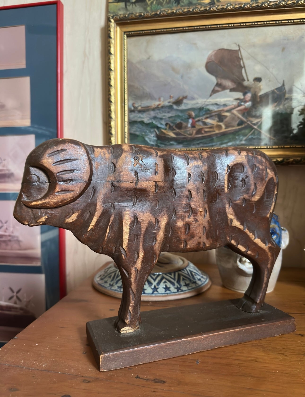 Carved Wood Primitive Bull Statue