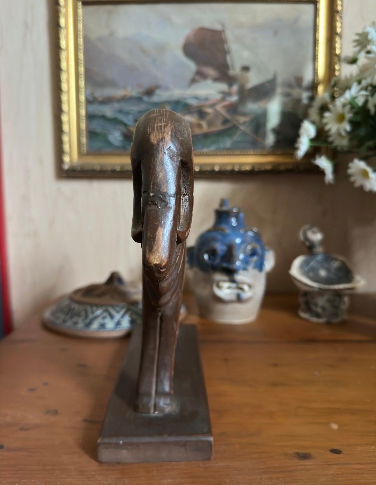 Carved Wood Primitive Bull Statue