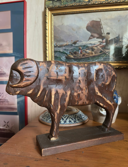 Carved Wood Primitive Bull Statue