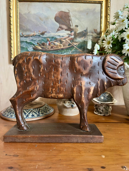 Carved Wood Primitive Bull Statue