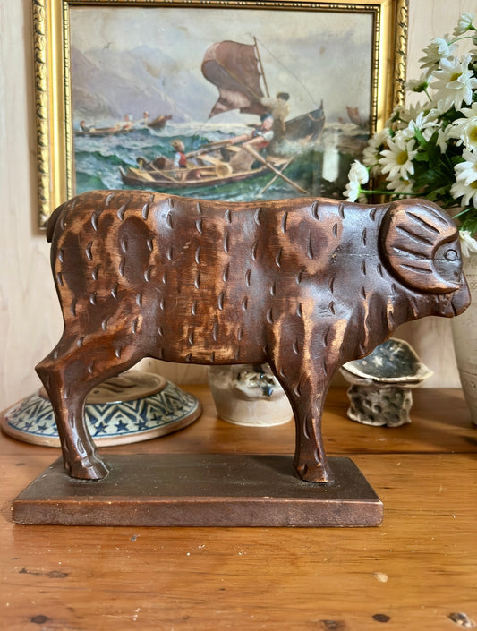Carved Wood Primitive Bull Statue